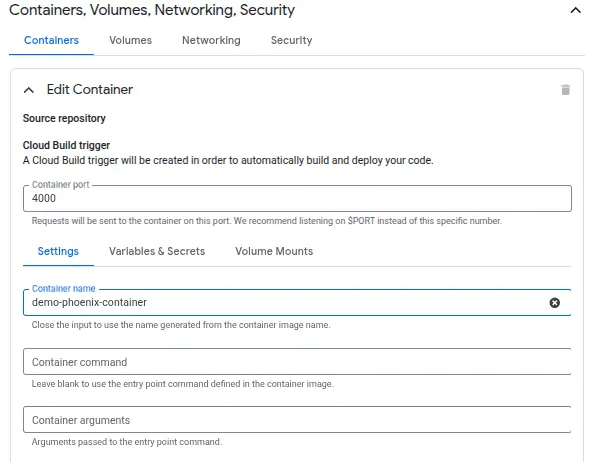 define container settings